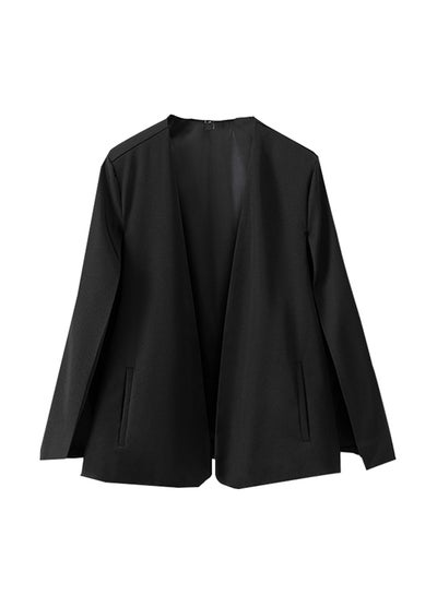 Buy Open Front V Neck Solid Color Casual Coat Black in UAE