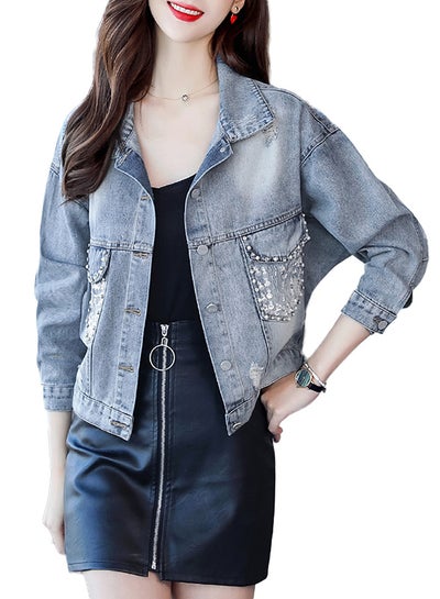 Buy Turn Down Collar Long Sleeve Denim Jacket Blue in UAE