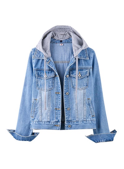 Buy Hooded Long Sleeve Pocket Denim Jacket Blue in UAE