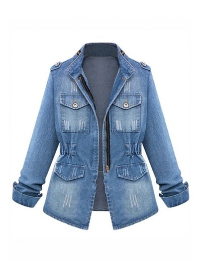 Buy Stand Collar Long Sleeve Pocket Denim Jacket Blue in UAE