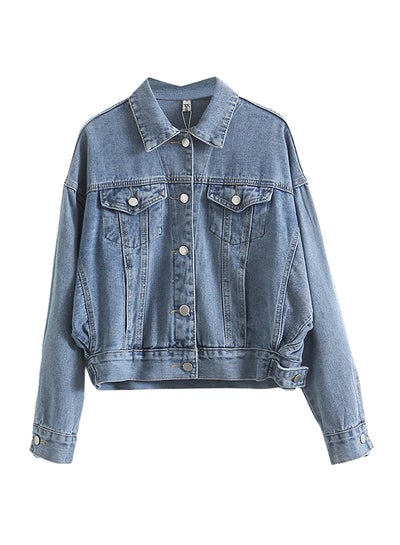 اشتري Turn Down Collar Long Sleeve Denim Jacket أزرق في الامارات