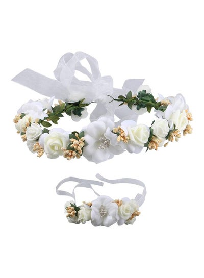 Buy 2-Piece Floral Crown Headband With Wrist Band Set White/Beige/Green in Saudi Arabia