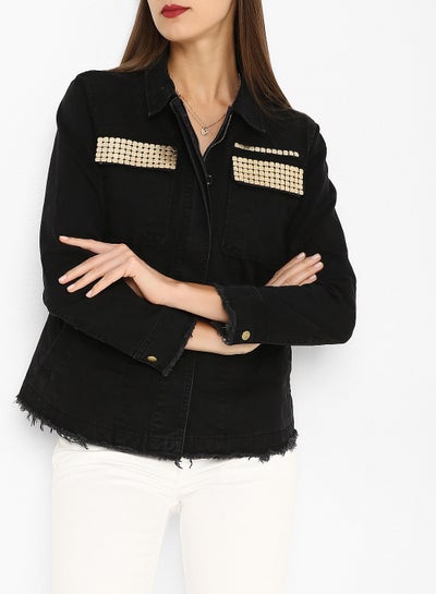 Buy Decorative Pocket Detailed Denim Jacket Black in UAE