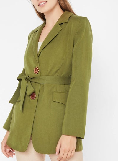 Buy Button Detail Belted Blazer Green in Saudi Arabia