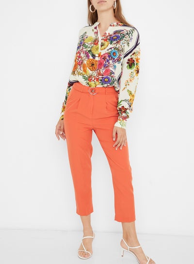 Buy Belted Front Pleat Pants Orange in UAE