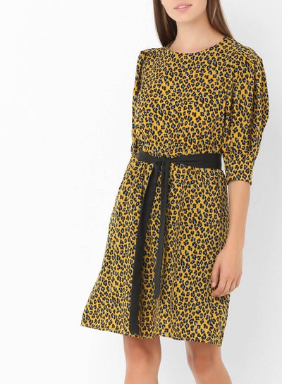 Buy Animal Print Belted Dress Yellow/Black in UAE