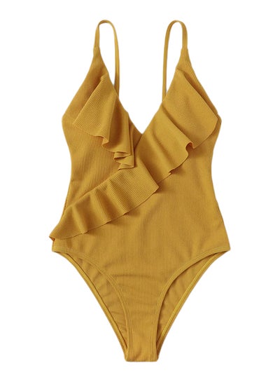 اشتري لباس سباحة بتصميم مكشكش وجميل وفتحة رقبة على شكل حرف "V"، لون سادة أصفر في السعودية