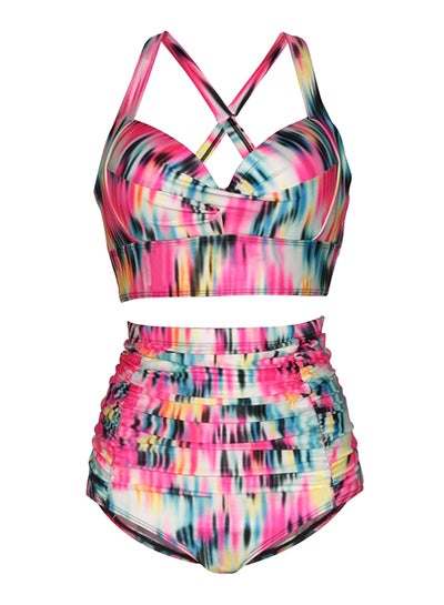 Buy Printed Crossover Strap High Waist Bikini Set Multicolor in UAE