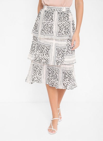 Buy Patterned Tiered Mid-Rise Skirt White/Black in UAE