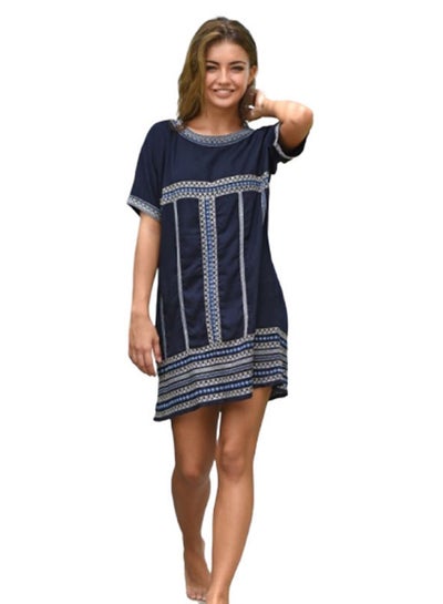 Buy O Neck Short Sleeve Floral Pattern Beach Dress Navy in Saudi Arabia