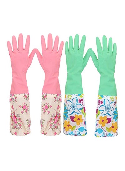 Buy Pair Of 2 Dishwashing Gloves Green/Pink in UAE