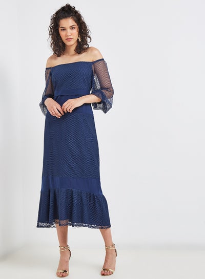 Buy Solid Design Lace Sleeves Midi Dress Navy in Egypt