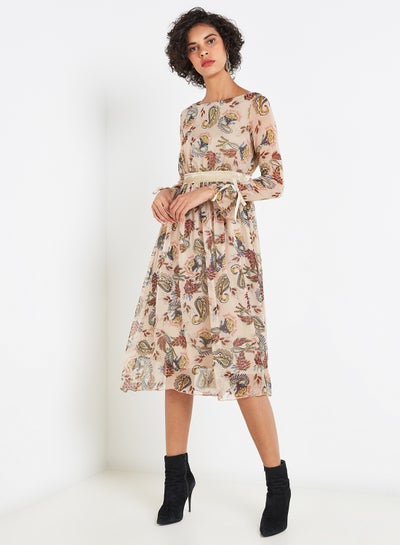 Buy Floral Midi Dress Beige in UAE