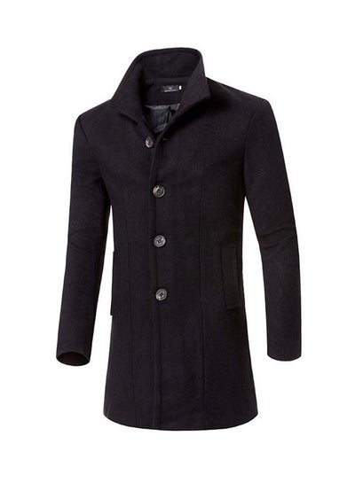 Buy Lapel Single Breasted Woolen Trench Coat Black in UAE