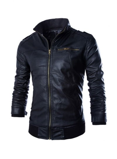 Buy Casual Stand Collar Zip-Up Leather Jacket Black in Saudi Arabia