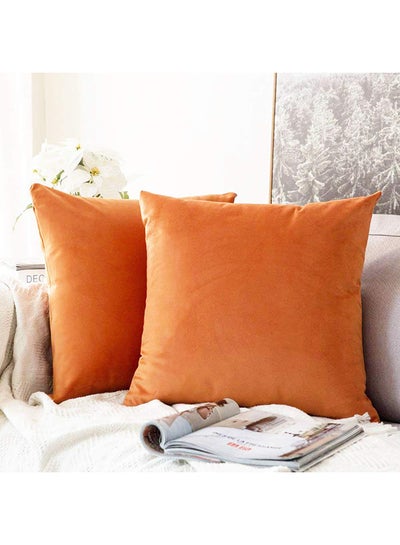 Buy 2-Piece Solid Pattern Decorative Pillow Velvet Orange 30x30cm in Saudi Arabia