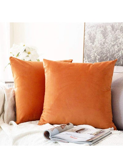 Buy 2-Piece Solid Pattern Decorative Pillow Velvet Orange 65x65cm in Saudi Arabia