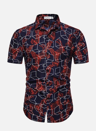 اشتري Geometry Print Short Sleeves Collared Neck Shirt أحمر / أسود / أبيض في السعودية