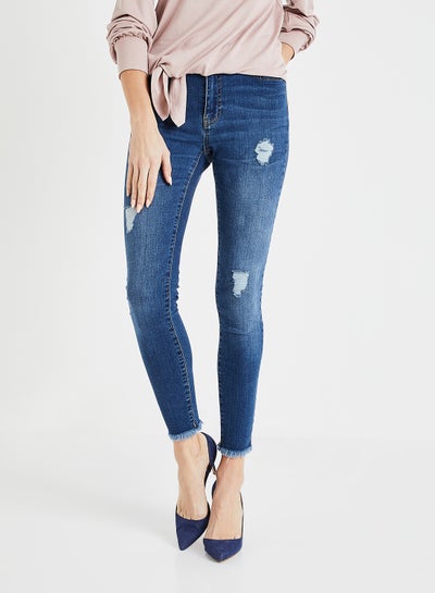 Buy Distressed  Detail Slilm Jeans Blue in UAE