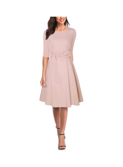 Buy Solid Flare Midi Dress Apricot in UAE