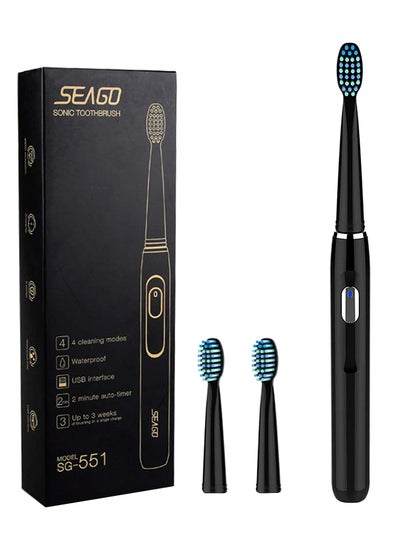Buy Sonic Rechargeable Electric Toothbrush With 3 Brush Heads Black in Saudi Arabia