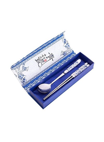 Buy 2-Piece Stainless Steel Chopsticks And Spoon Set Silver/White/Blue in Saudi Arabia