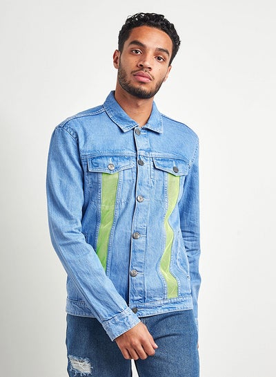 Buy Collared Denim Jacket With Contrast Mesh Inserts And Long Sleeves Medium Blue in Saudi Arabia