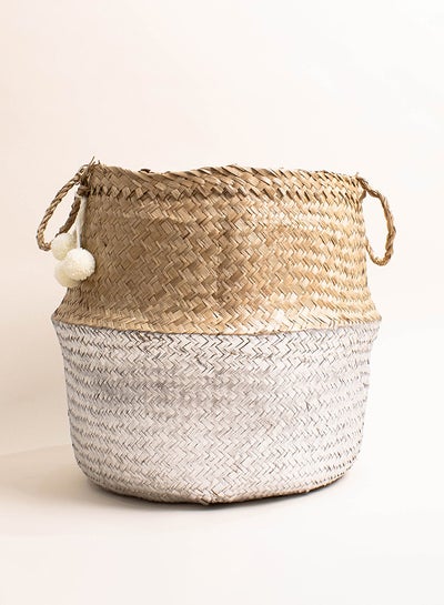 Buy Paint Dipped Seagrass Hand-Woven Storage Basket With Pompom Detail Silver/Beige in UAE