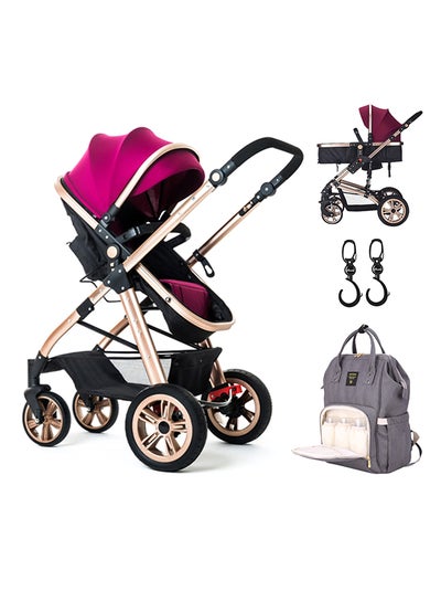 Buy 3 In 1 Pram Stroller With Sunveno Diaper Bag Grey And Hooks - Wine Red in UAE