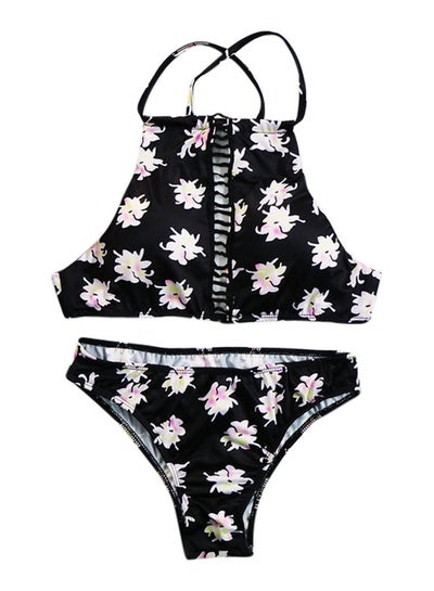 Buy Sweet Floral Hollow Out Criss Cross Bikini Set Black/White in Saudi Arabia