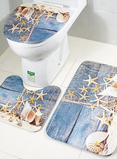 Buy 3-Piece Sea Snail Pattern Anti Skid Toilet Mat Set Blue/White/Yellow One Size in Saudi Arabia