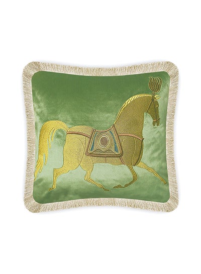 Buy Velvet Horse Embroidered Cushion Cover Green/Silver 45x45cm in UAE