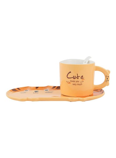 Buy 3-Piece Ceramic Cup And Saucer Set Orange/White/Brown in UAE