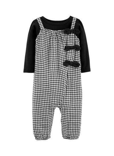 Buy 2-Piece Printed Tee And Checkered Jumpsuit Set Black in Saudi Arabia