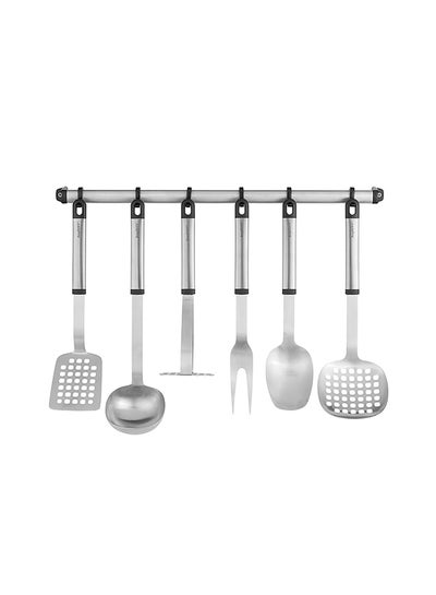 Buy 8-Piece Kitchen Utensils - Serving Spoon, Soup Spoon, Meat Fork, Masher, Spatula And Slotted Spoon Silver/Black in Egypt