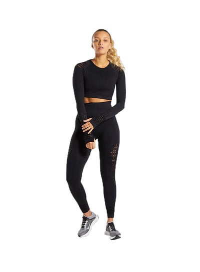 Buy Sports Long Sleeve Elastic Hollow Yoga Set Black in Saudi Arabia