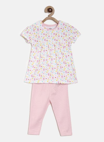 Buy Printed Top and Leggings Set Off-White/Pink in Saudi Arabia