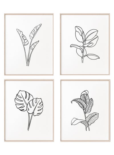 Buy 4-Piece Line Art Monstera Leaf Print Poster With Frame Set Black/White 21 x 30cm in UAE