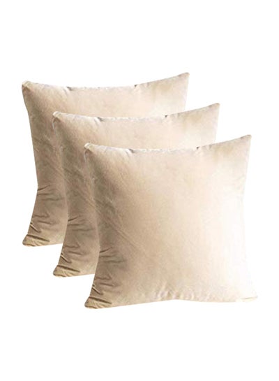 Buy 3-Piece Solid Pattern Decorative Pillow velvet Ivory Beige 25x25cm in Saudi Arabia