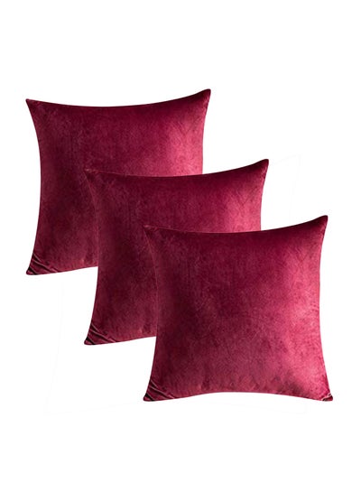 Buy 3-Piece Solid Pattern Decorative Pillow Velvet Maroon 30x30x10cm in Saudi Arabia