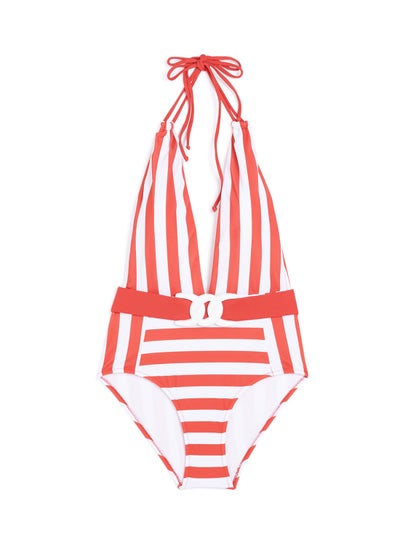 Buy Striped Belted Swimsuit Orange in Saudi Arabia