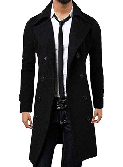 اشتري Double Breasted Turn Down Collar Slim Woolen Overcoat أسود في السعودية