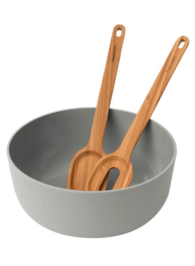 Buy 3-Piece Salad Bowl Set With Bamboo Servers - 1x Salad Bowl, 2x Spoon Server Grey/Brown 30 x 24centimeter in Egypt