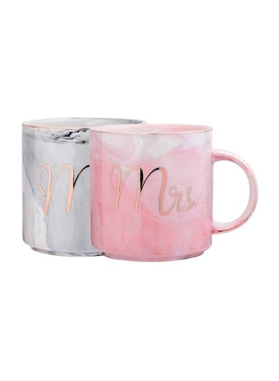 Buy 2-Piece Mr Mrs Printed Ceramic Mug Set Pink/Grey 700ml in UAE