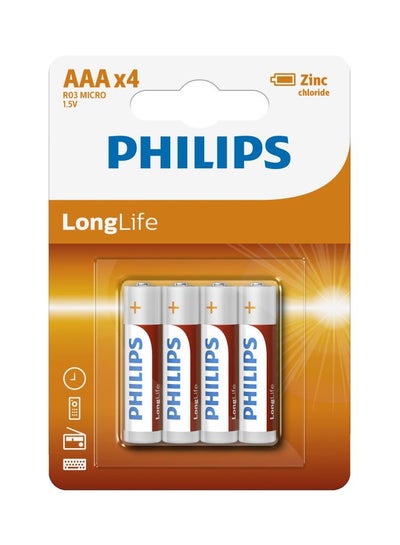 Buy 4-Piece LongLife AAA R03 Zinc Chloride Battery White/Red/Silver in UAE