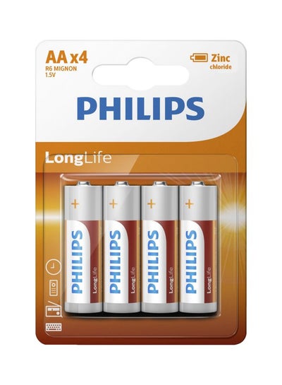 Buy 4-Piece LongLife AA R6 Zinc Chloride Batteries White/Red/Silver in UAE