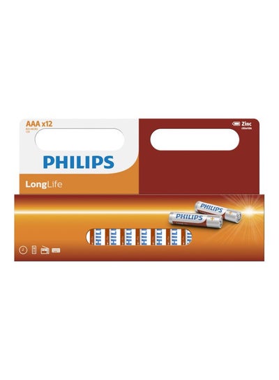 Buy 12-Piece LongLife AAA R03 Zinc Chloride Batteries White/Orange/Silver in UAE