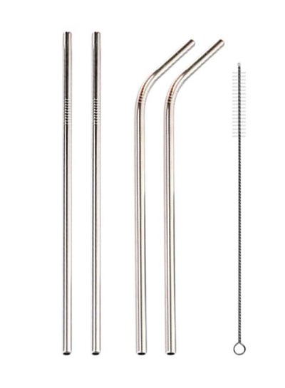 Buy 4-Piece Reusable Drinking Straw Set With Cleaning Brush Silver 215 x 6millimeter in UAE