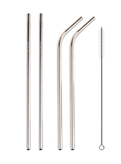 Buy 4-Piece Reusable Drinking Straw Set With Cleaning Brush Silver in Egypt