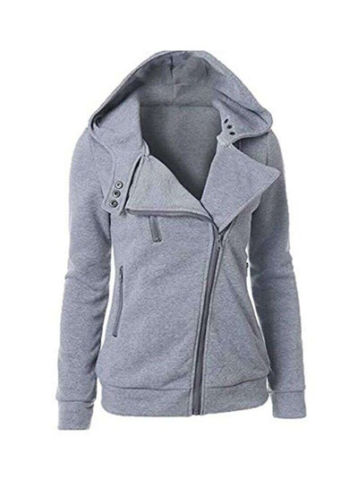 Buy Long-sleeved Diagonal Zipper Coat Grey in UAE